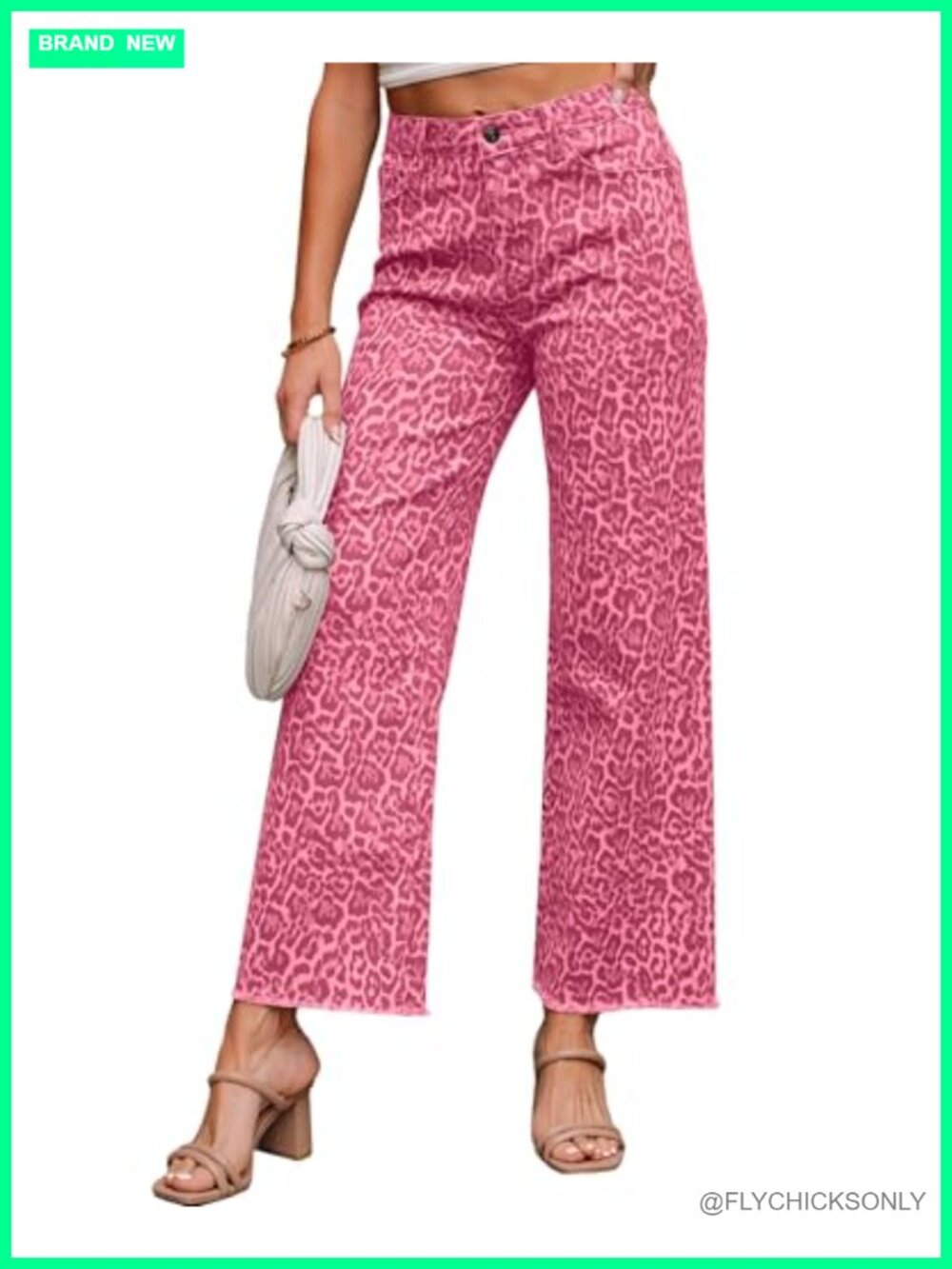 Wide Leg High Waisted Jeans Raw Hem Leopard Print Denim Pants